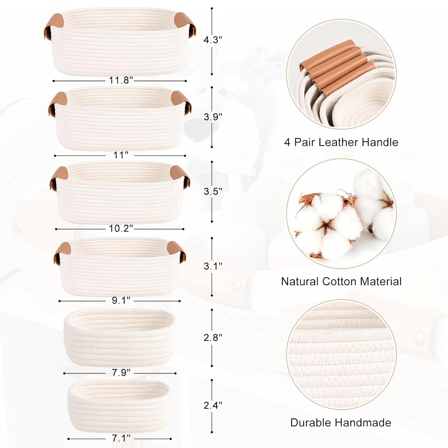 Natubeau Set of 6 Cotton Rope Woven Storage Baskets for Organizing, 4 with Leather Handles & 2 Small Gift Baskets, White Bins for Bedroom, Shelves & Nursery