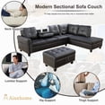 thumbnail image 3 of Aukfa 96" Leather Sectional Sofa with Storage Ottoman for Living Room, 2 Cup Holders, Right Facing Chaise, Black, 3 of 10