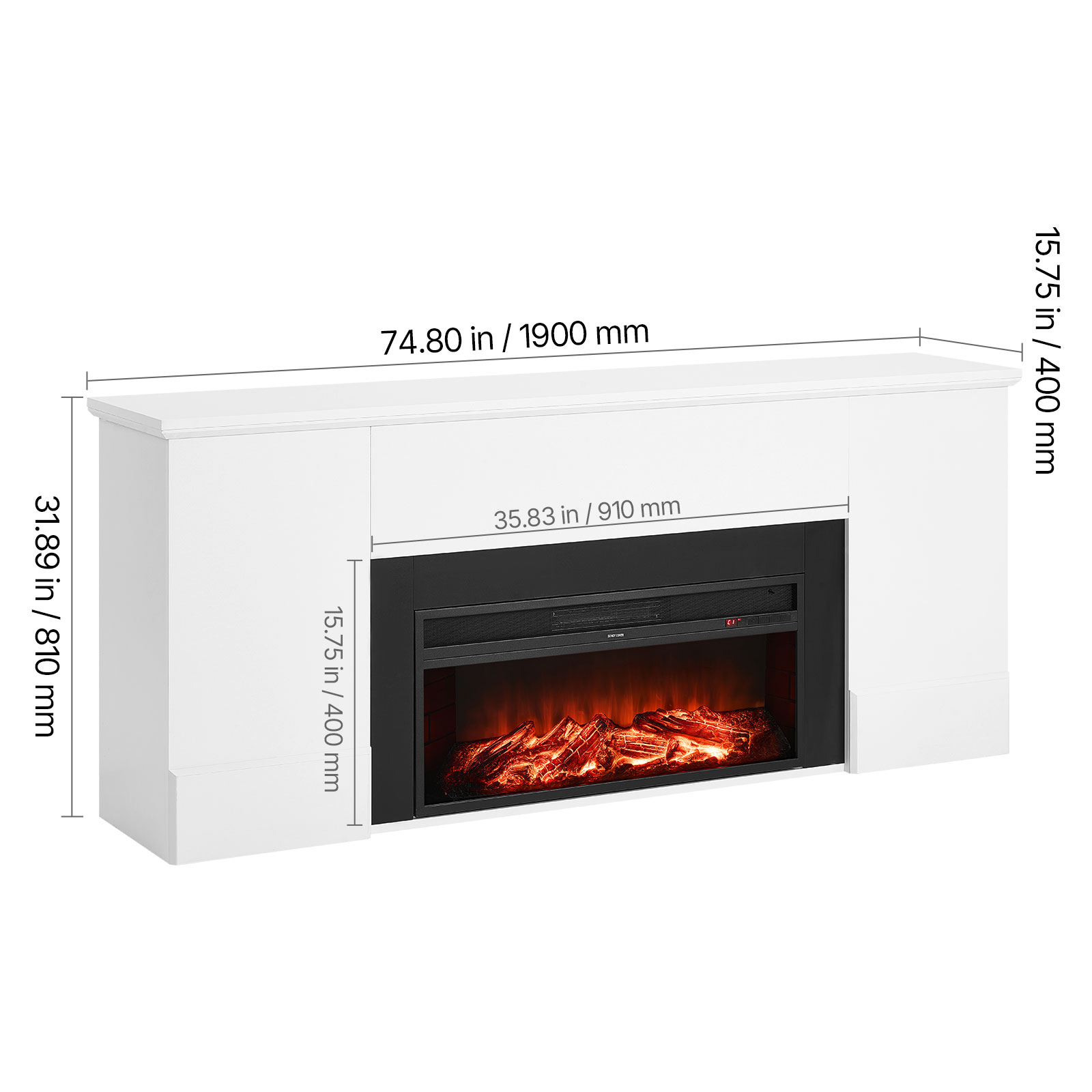 KFFKFF 75-Inch Freestanding Electric Fireplace with Mantel, 1500W Heater, Adjustable Flames, Timer, Remote Control, Overheat Protection, Ideal for Living Room or Bedroom, White