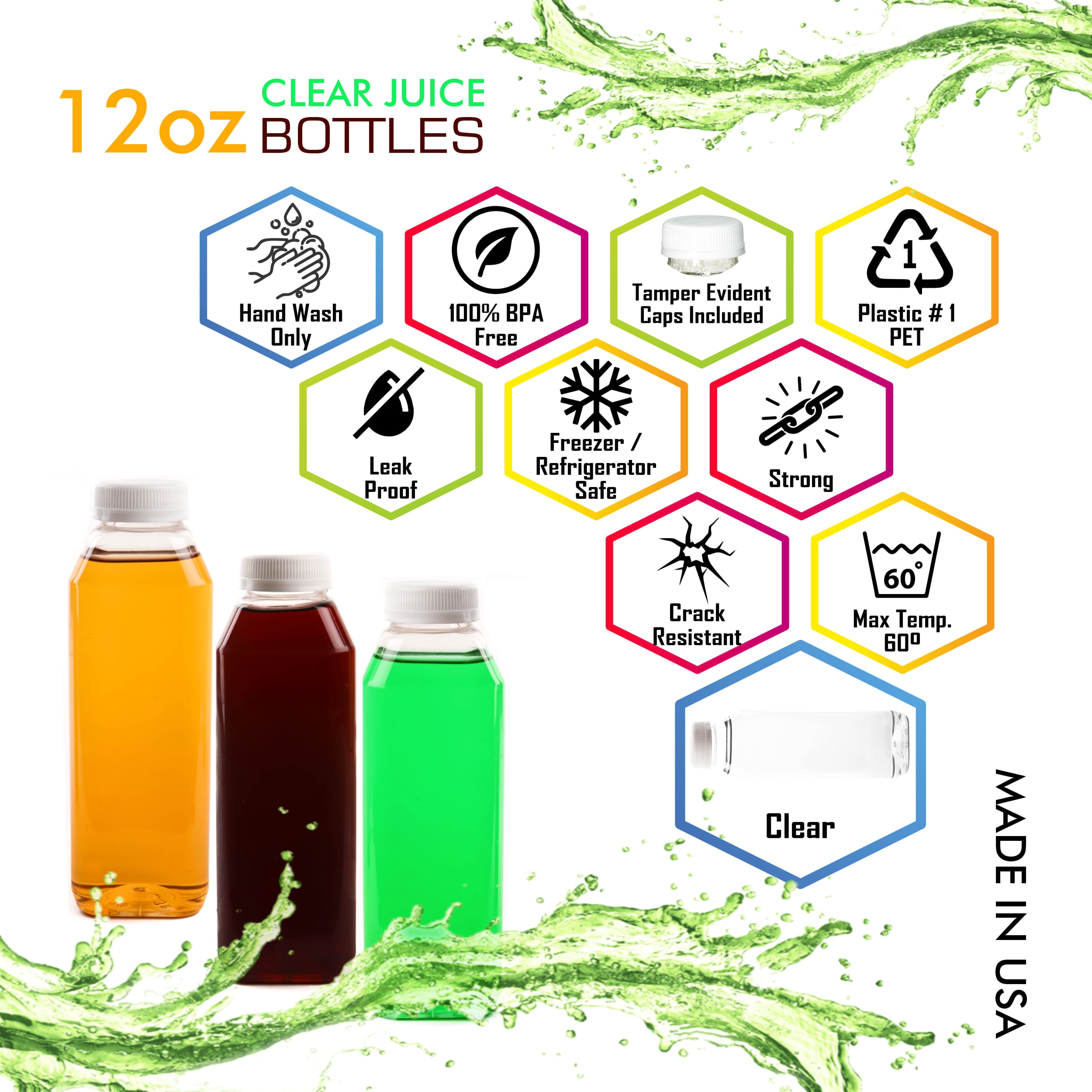 Restaurantware 12 Ounce Juice Bottles, 100 Empty Plastic Bottles - Recyclable, with Safety Cap, Clear Plastic Juice Containers for Juicing, for Milk