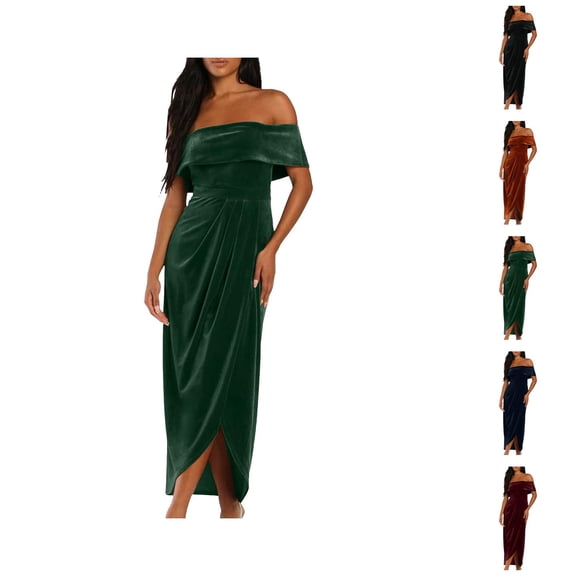 formal Gowns and Evening Dresses Holiday Dress Ladies One Shoulder Slit Dress Velvet Skirt