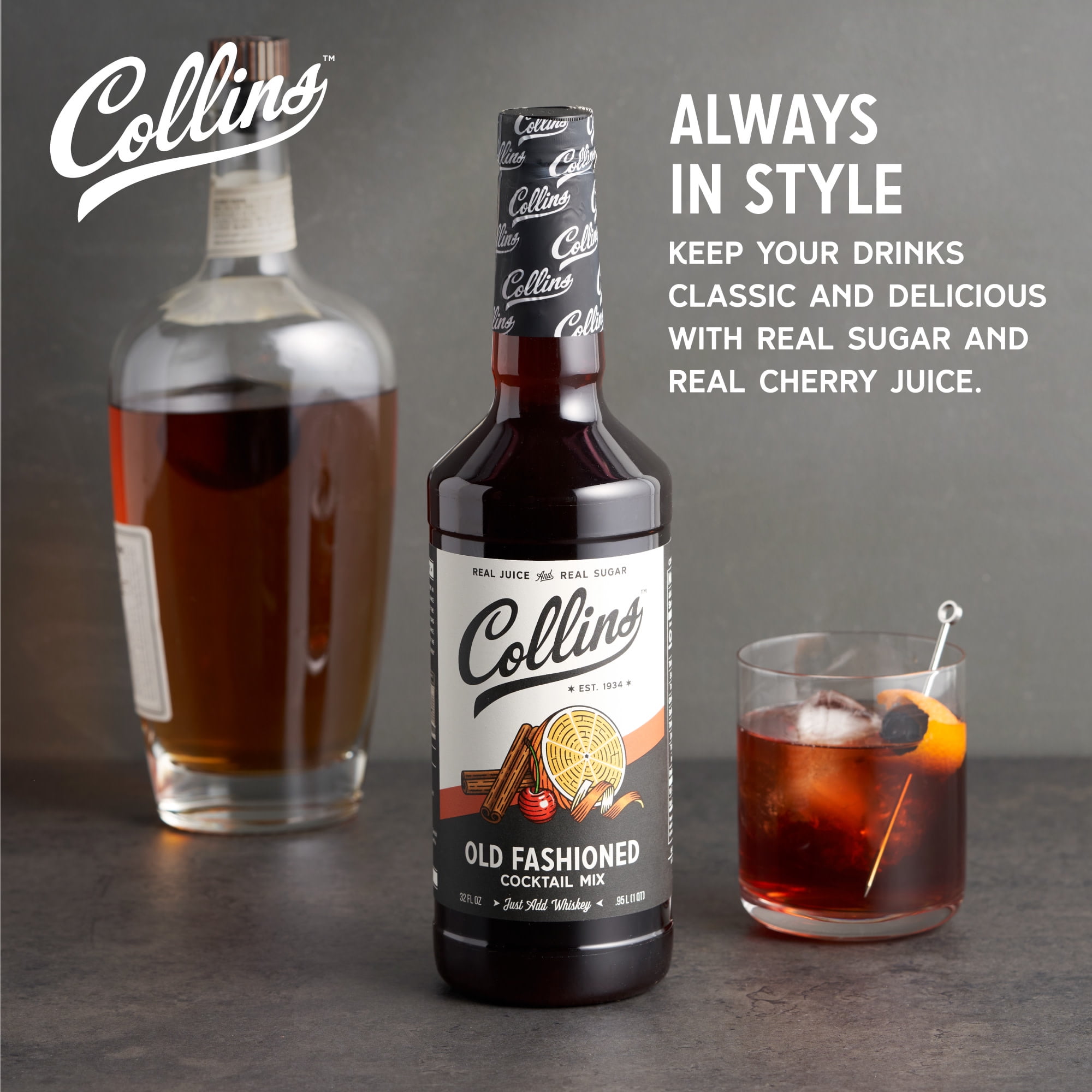 Collins Old Fashioned Mix | Made With Real Brown and Sugar Cherry Juice With Natural Flavors | Classic Cocktail Recipe Ingredient, 32 fl oz