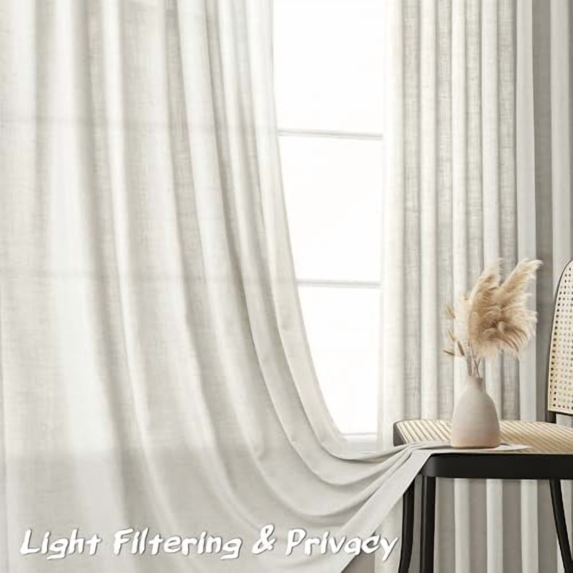 Beige White Linen Semi Sheer Curtains 63 Inches Length Light Filtering Neutral Farmhouse Boho Rod Pocket Back Tab Hook Belt Clip Rings Window Drapes for Bedroom Living Room 2 Panels 52x63