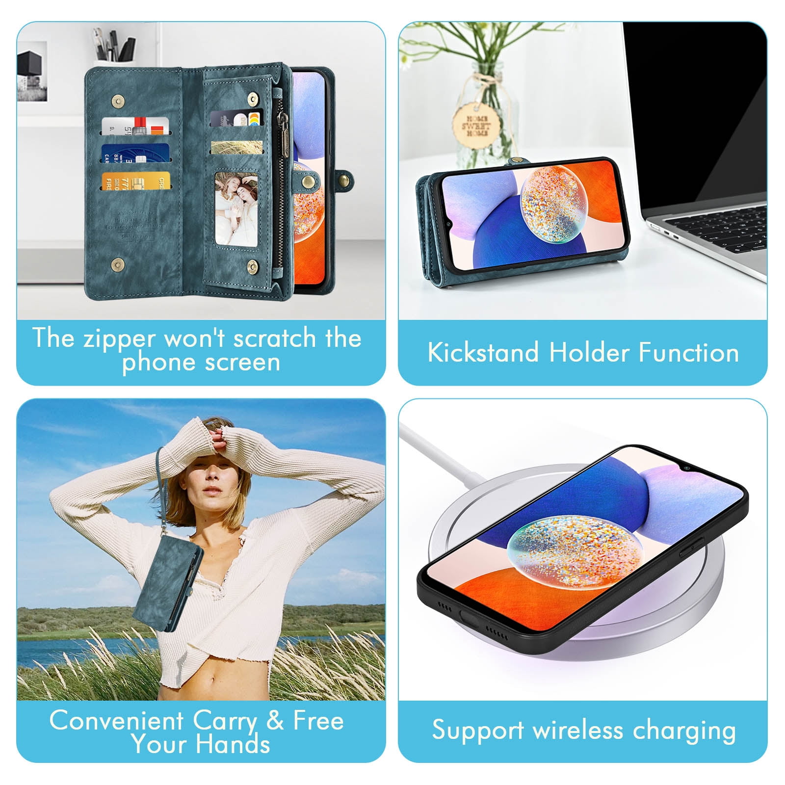 Asuwish Compatible with Samsung Galaxy A14/M14 5G Phone Case Zipper Wallet Detachable Tempered Glass Screen Protector Crossbody Strap Flip Card Holder Cell Cover for A 14 4G 14A 14M G5 Women Men Blue