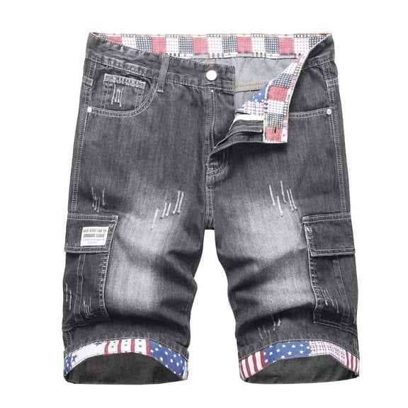 WREESH Men's Denim Shorts Zipper Elastic Slim Casual Denim Shorts Play Wrap Ripped Mid-Length Shorts Jean Shorts Black