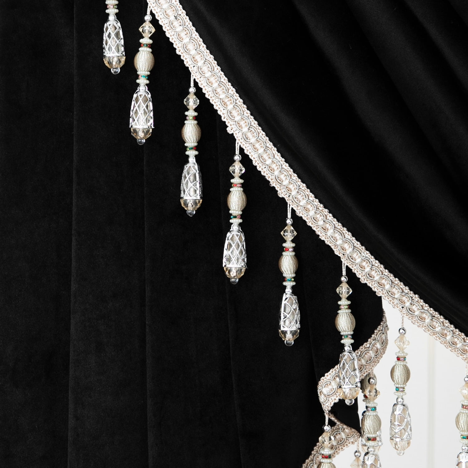VOGOL Vintage Valances for Bedroom, Soft Velvet Swag Curtains with Tassels for Living Room, Rod Pocket Waterfall Valance for Banquet, Black, 79 inch Wide, 1 Panel