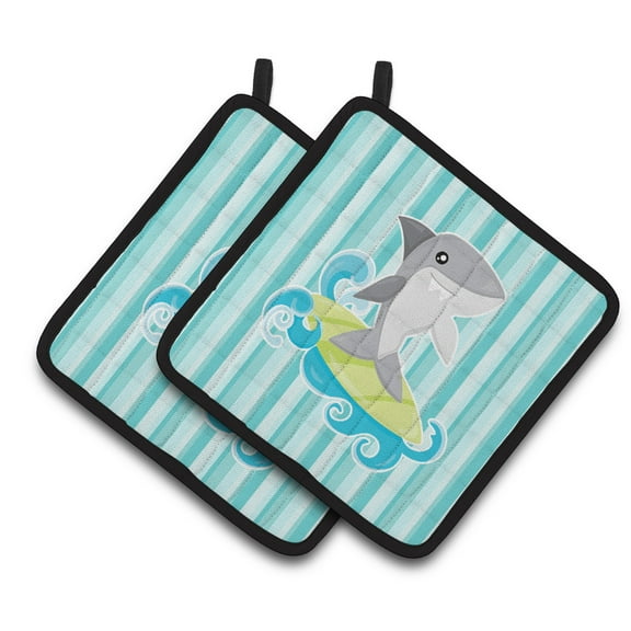 Caroline's Treasures Surfin Shark on Stripes Pair of Pot Holders