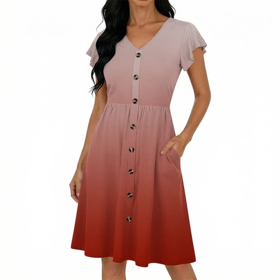 LIaqionyy Women Short Sleeve Dresses V Neck Button down Sundress Summer Casual Beach Vacation Dress with Pockets