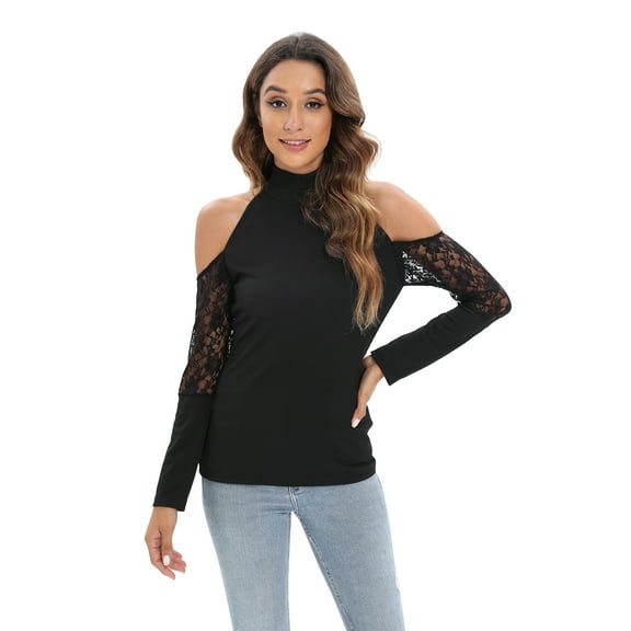 Women Cold Shoulder Long Sleeve Lace Vintage Slim Fit Tunic Top