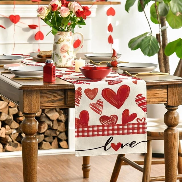 Linnome Valentine's Day Heart Printed Linen Tablecloth for Dining Room Decor Festive Table Covering