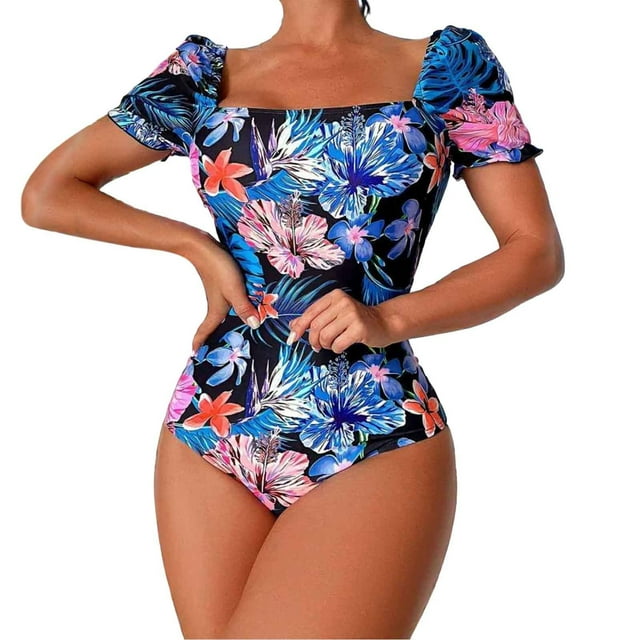 PEASKJP Womens Fashion One Piece Swimsuit Short/Long Sleeve Rash Guard Swimwear Ruffle Bathing Suit, Hot Pink L