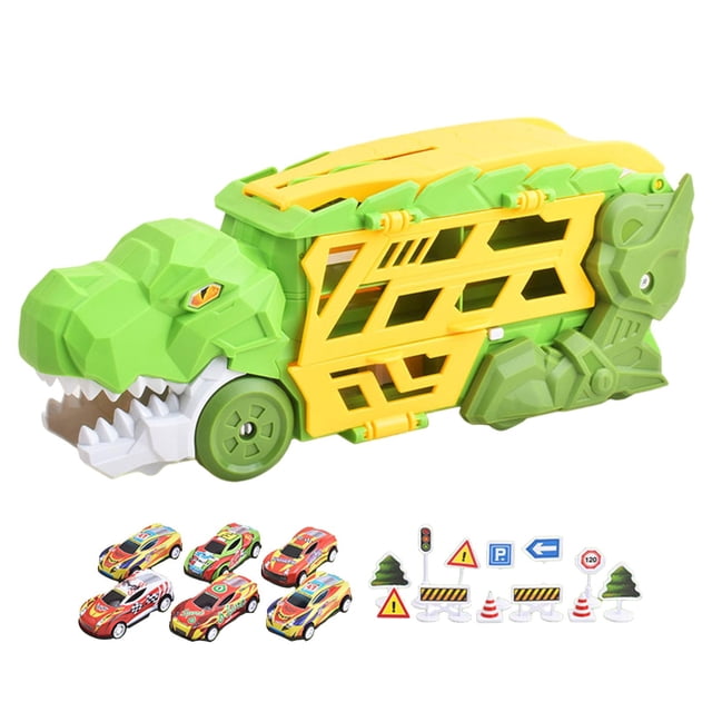 Camión de dinosaurio transformable, divertido vehículo de juego interactivo para niños para cumpleaños con 6 autos