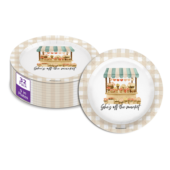 Birthday Galore Fresh off The Market Bridal Shower - 32 Piece Disposable Party Supplies - Beige Gingham Bridal Shower Decorations - Round Party Plates - Large 9" Paper Plates In Bulk