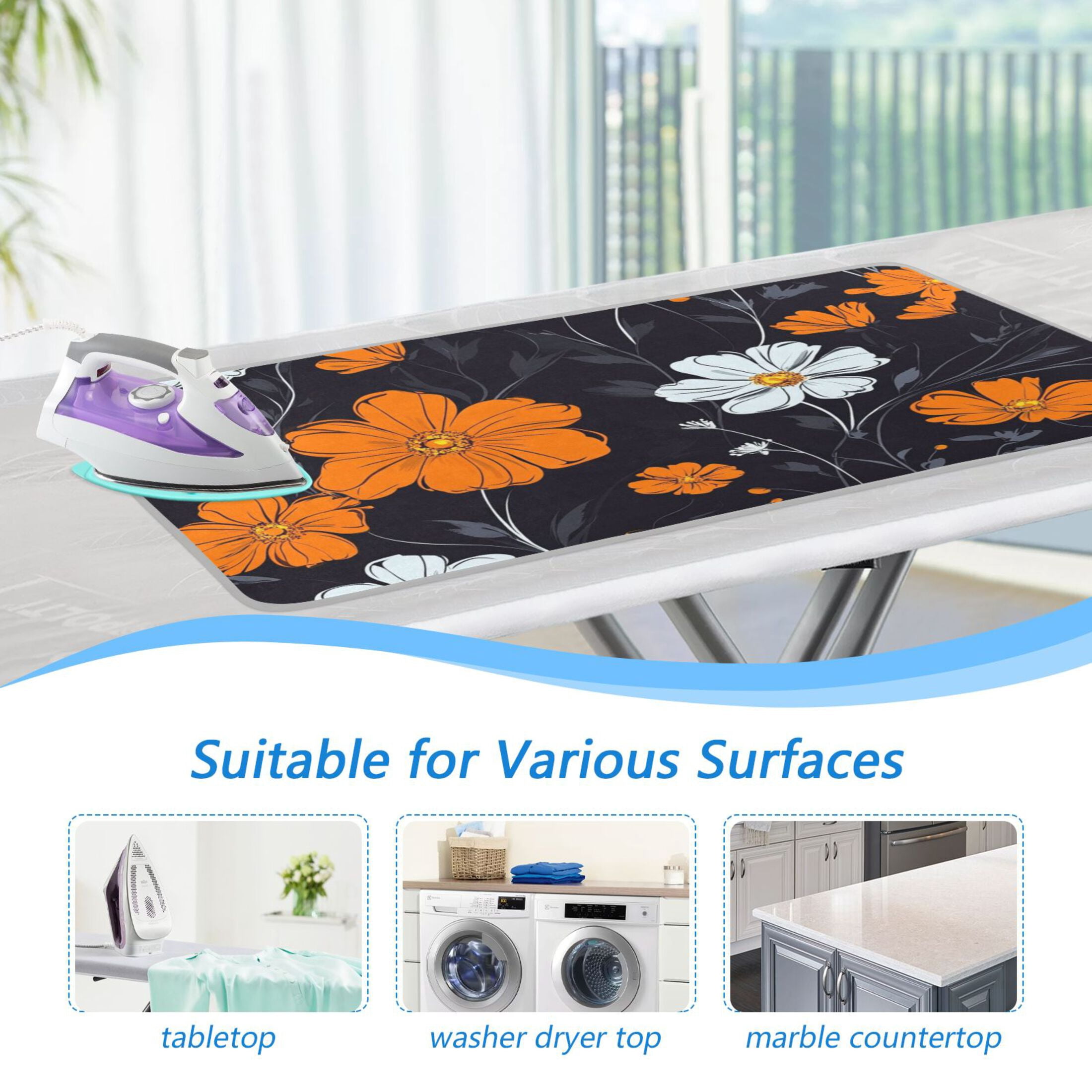 White and Orange Wildflowers Ironing Mat Blanket for Table Top Travel Portable Ironing Board Pad 47.2x27.6 Inch