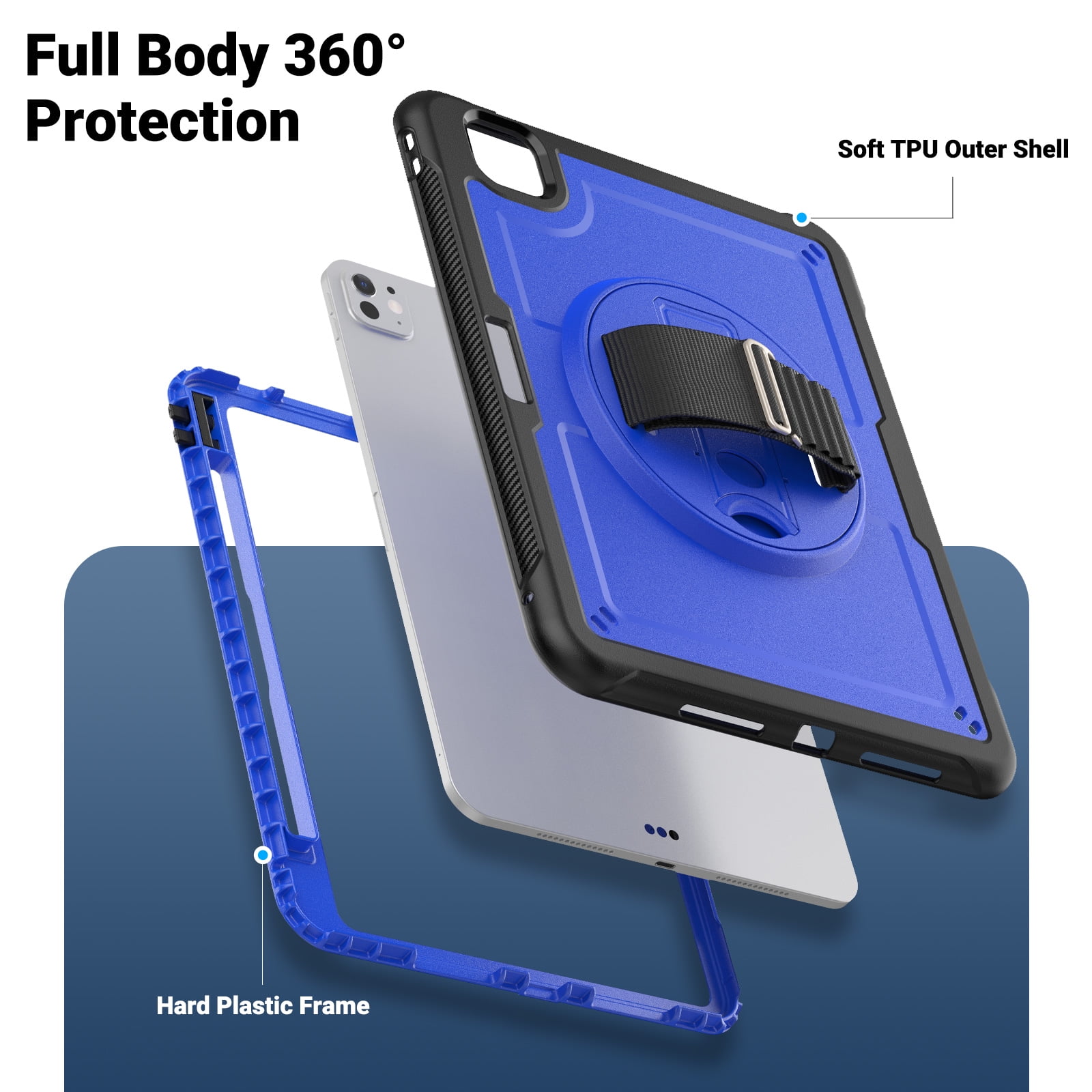 ELEHOLD Case for Apple iPad Pro 11 2024,Soft TPU Rugged Durable Case with 360° Rotating Hand Strap & Foldable Hidden Stand & Pencil Holder,Darkblue