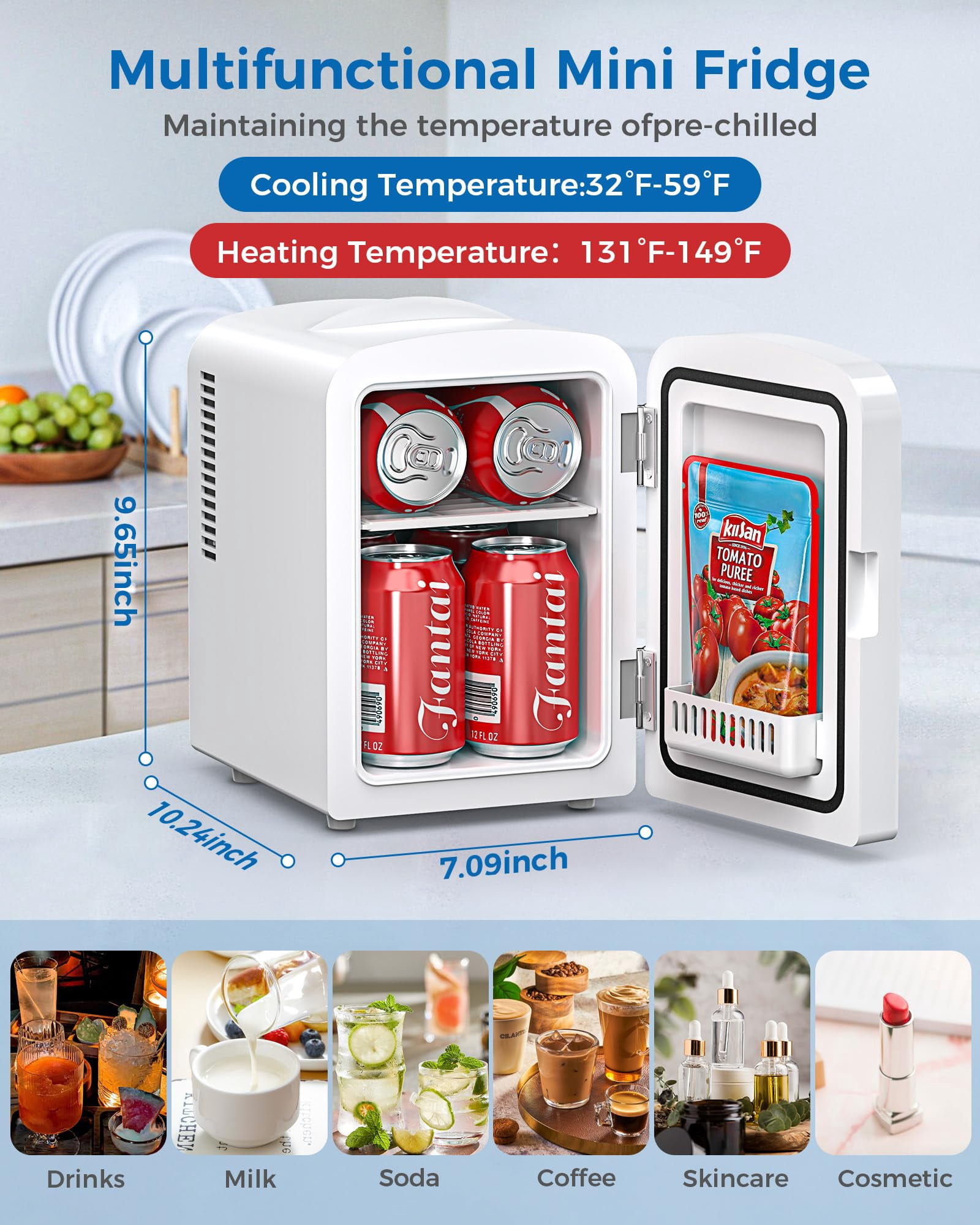 LHRIVER Mini Fridge, Portable 4L/6 Cans Cooler & Warmer, 110 V AC/12 V DC Option for Bedroom & Car, White