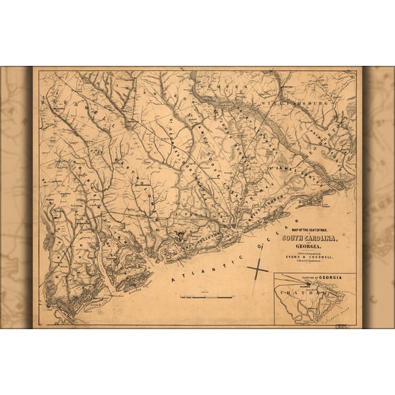 24"x36" Gallery Poster, Map seat of civil war South Carolina Georgia 1861