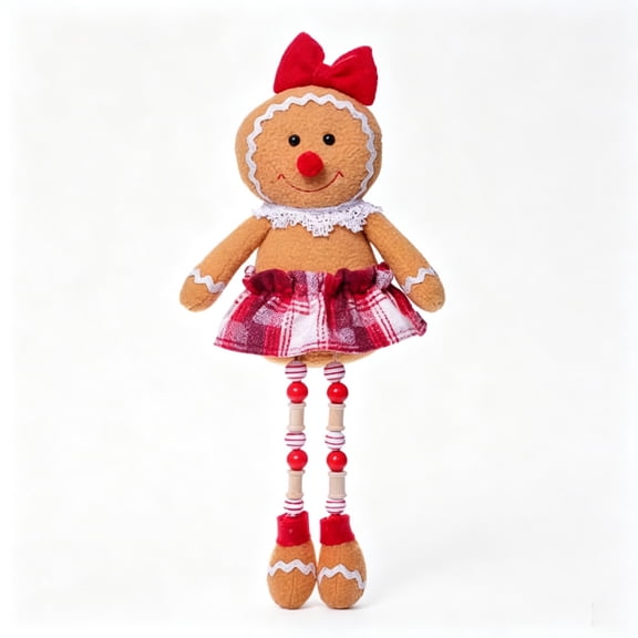 Christmas Gingerbread Man Plush Doll, Dangling Beaded Legs Gingerbread Figure Ornament, Festive Stuffed Decoration for Mantel Shelf Table Home Xmas Decor