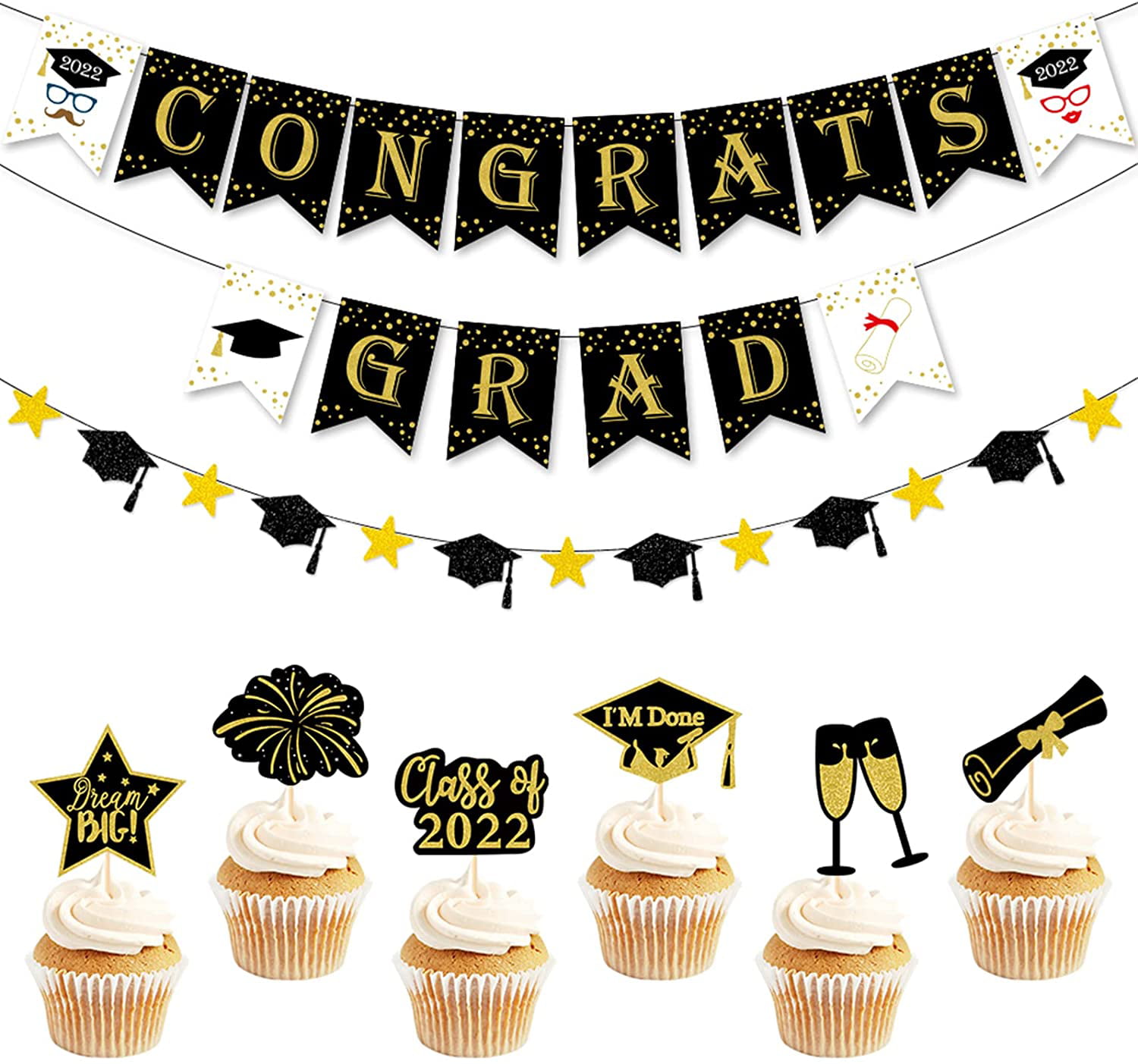 2019 Graduation Party Decorations,Graduation Decorations Gold Glittery Class Of 2019 Banner and Gold Glittery Congrats Banner 