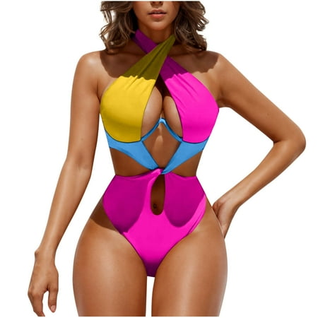 UTSJKR Savings Womens Sexy One Piece Swimsuit Cut Out Criss Cross Bathing Suit Thong Monokini Colorblock Underwire Halter Swimwear Hot Pink M