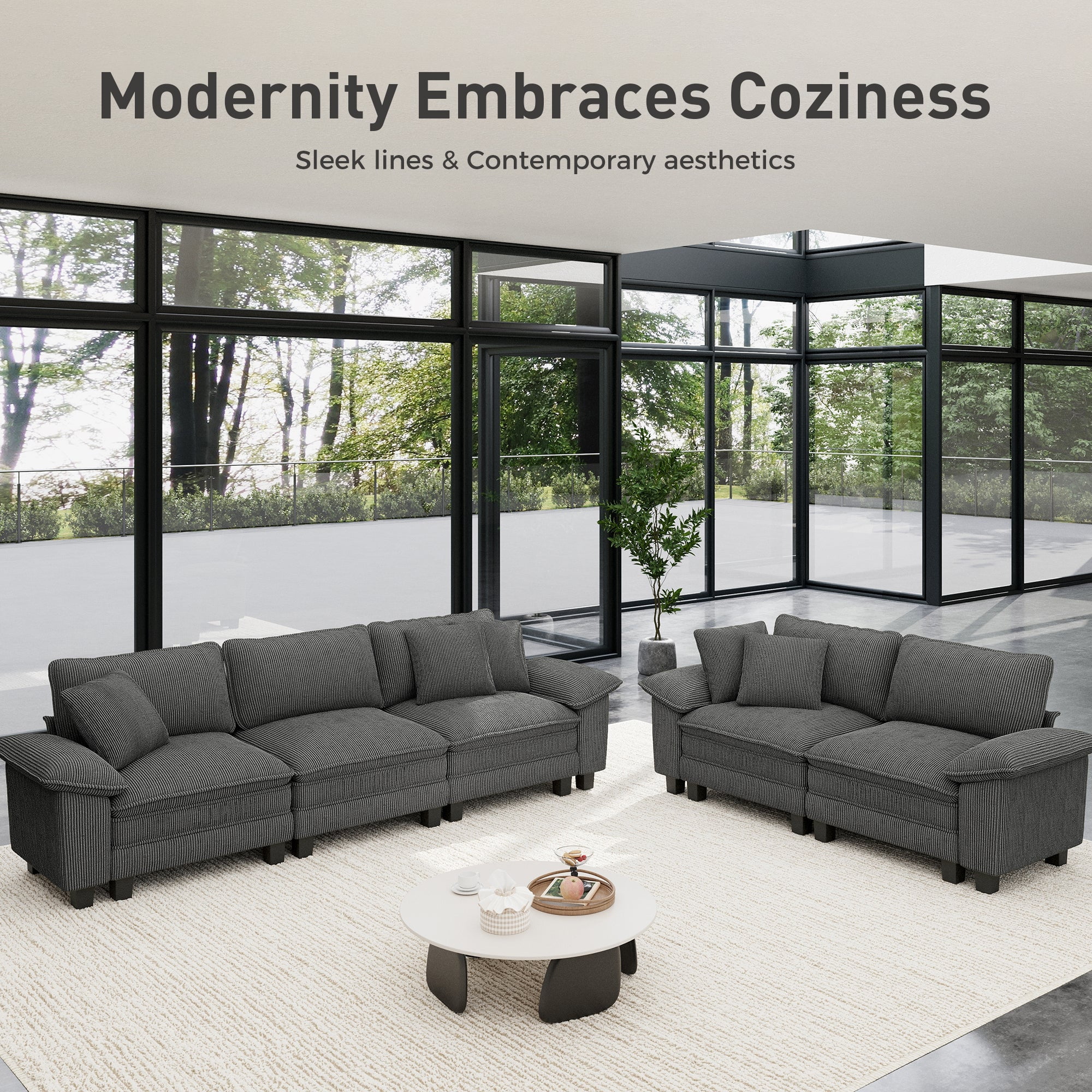 Sophia&William 3-Seat Modular Sectional Sofa Sets, Oversized Corduroy Cloud Couch with Deep Seat & 3 Throw Pillows for Living Room,Gray