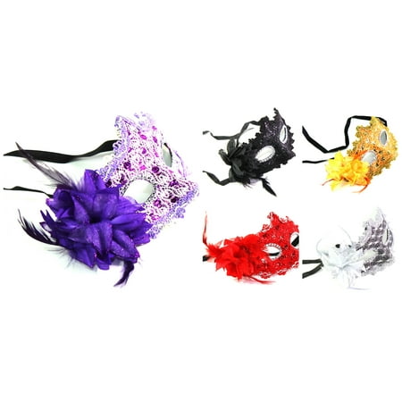 Set of 5: Black Red Silver Purple Orange Flower Feather Lace Masquerade Masks