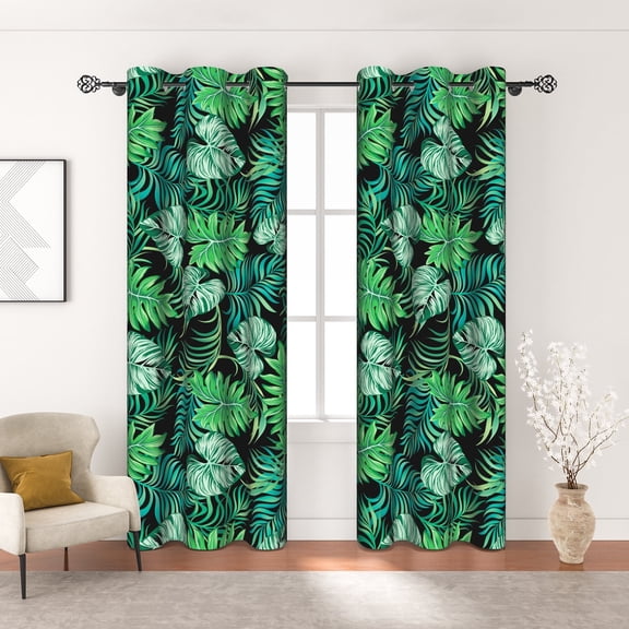 MIZHONA Green Blackout Curtains for Living Room Summer Leaves Black Window Curtain Set of 2,42"x84"