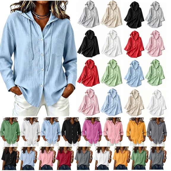 Akmaiox Sun Shirt Cardigan Women 7 8 Sleeve Button Down Hoodies Portable Lightweight Jacket Hooded with Drawstring Summer Vacation Beach S‑2XL