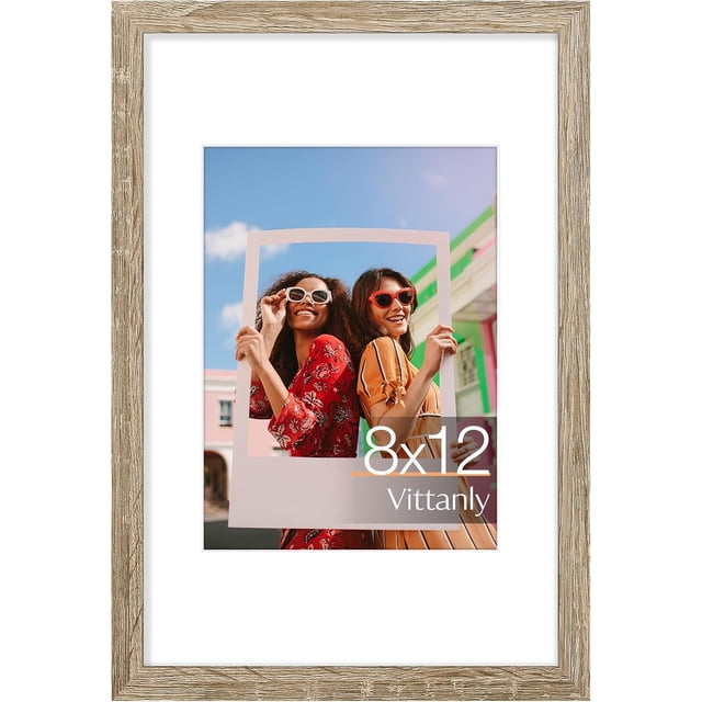 Vittanly 8x12 Picture Frame, Premium Material with Shatter Resistant Plexiglass, Display Pictures 6x8 with Mat or 8x12 without Mat, Photo Frame for Wall or Table Top Display, Light Wood, 1 Pack