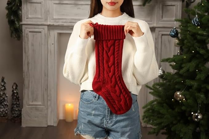 4 Pack Christmas Stockings 18 Inches Large Size Cable Knitted Stocking Gifts Christmas Decorations for Family Holiday Xmas Party, Burgundy&Ivory&Green