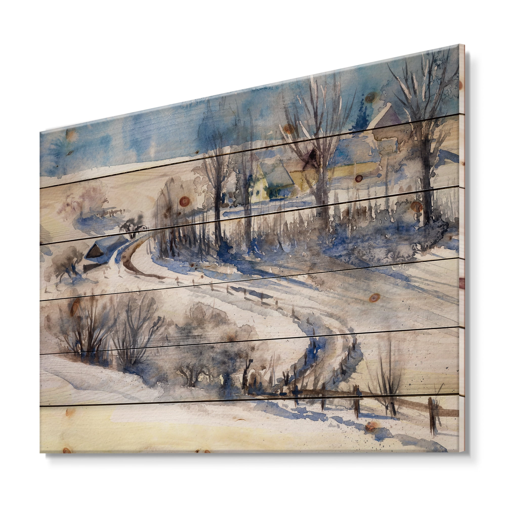 Designart 'Country Road In Winter Times Landscape I' Traditional Print on Natural Pine Wood