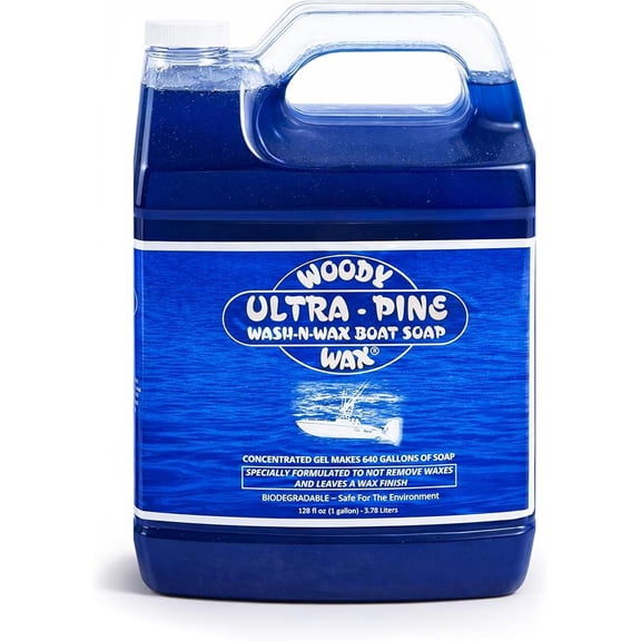 Woody Wax Ultra Pine Boat Soap, Concentrated Gel Formula, Wash ‘n’ Wax Saltwater Remover & Marine Cleaner, Safe for Waxed Non-Skid Decks, Fiberglass & Metal; Removes Fish Blood & Buildup, 128 Oz.