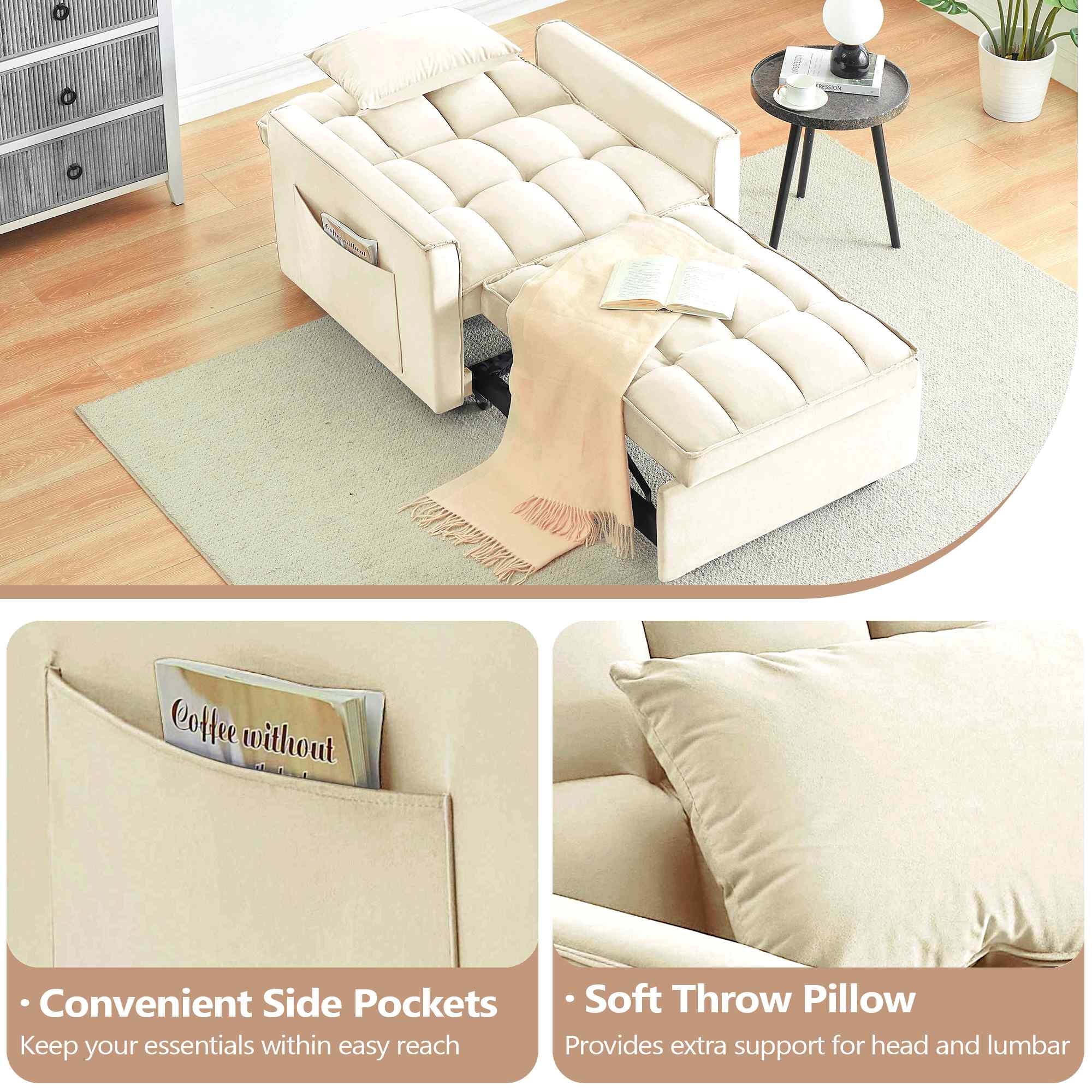 FFH Convertible Sofa Bed Recliner Chair with Adjustable Backrest, Couch for Living Room, Bedroom, Beige
