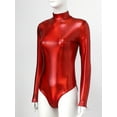 thumbnail image 4 of MSemis Women Metallic Liquid Ballet Leotard Gymnastics Bodysuit Long Sleeve Mock Neck Unitard Tops Red S, 4 of 6