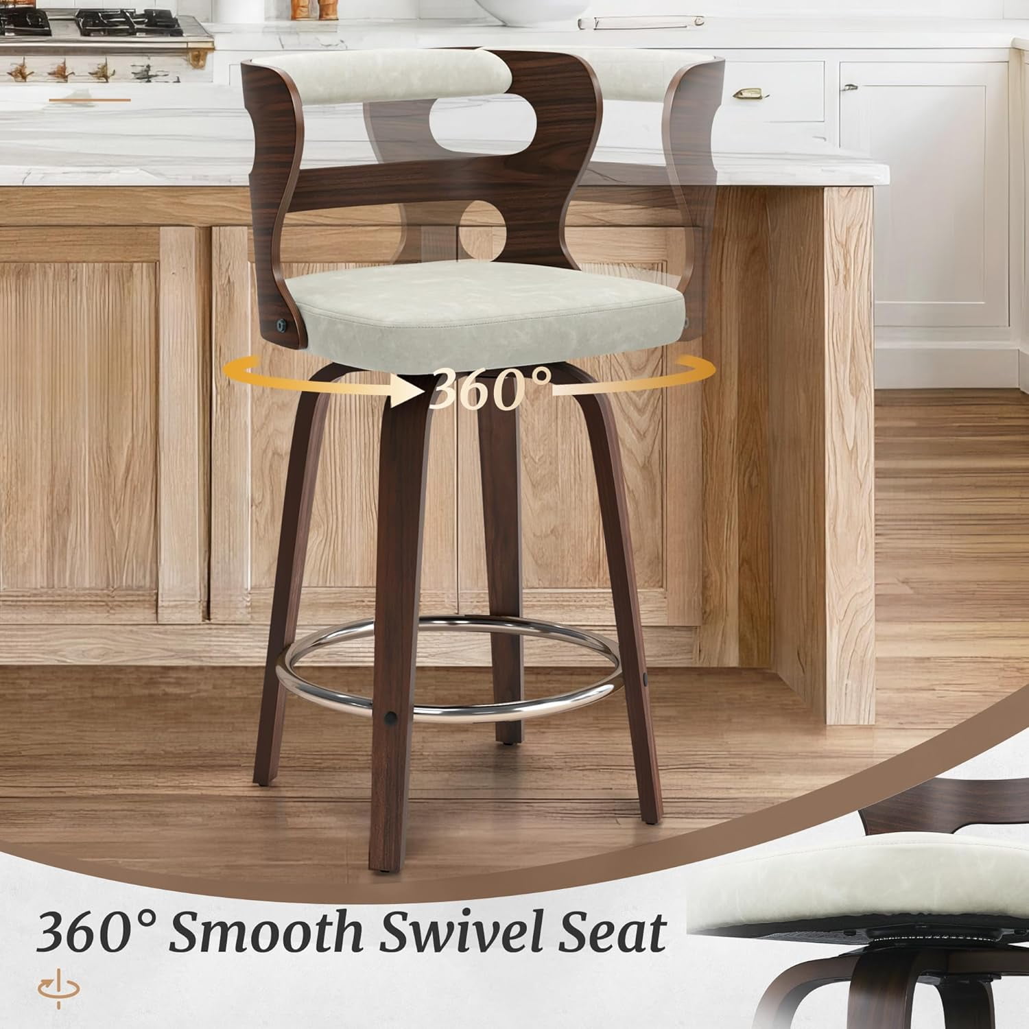 LUE BONA 26" Counter Height Bar Stools Set of 2, Swivel Counter Stools with Back for Kitchen, Light Beige Gray