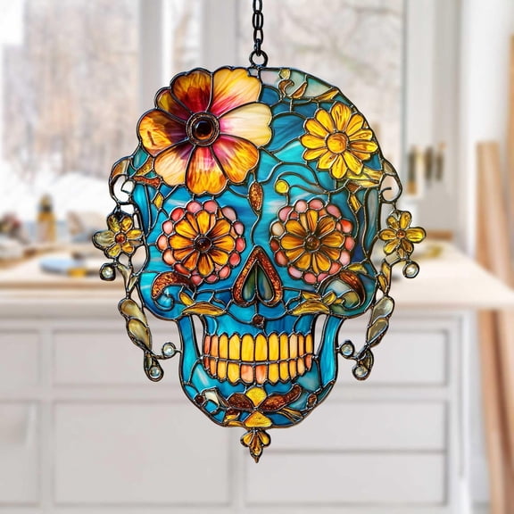 Floral Skull ACRYLIC Suncatcher – Día de los Muertos Blue Sugar Skull Faux Stained Glass Art, Halloween Window Decor Gift for Mexican Lovers