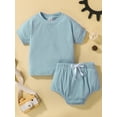 thumbnail image 2 of Seyurigaoka 2Pcs Toddler Baby Unisex Ribbed Suit, Solid Color Round Neck Short Sleeve Tops + Patchwork Bandage Shorts, 2 of 9