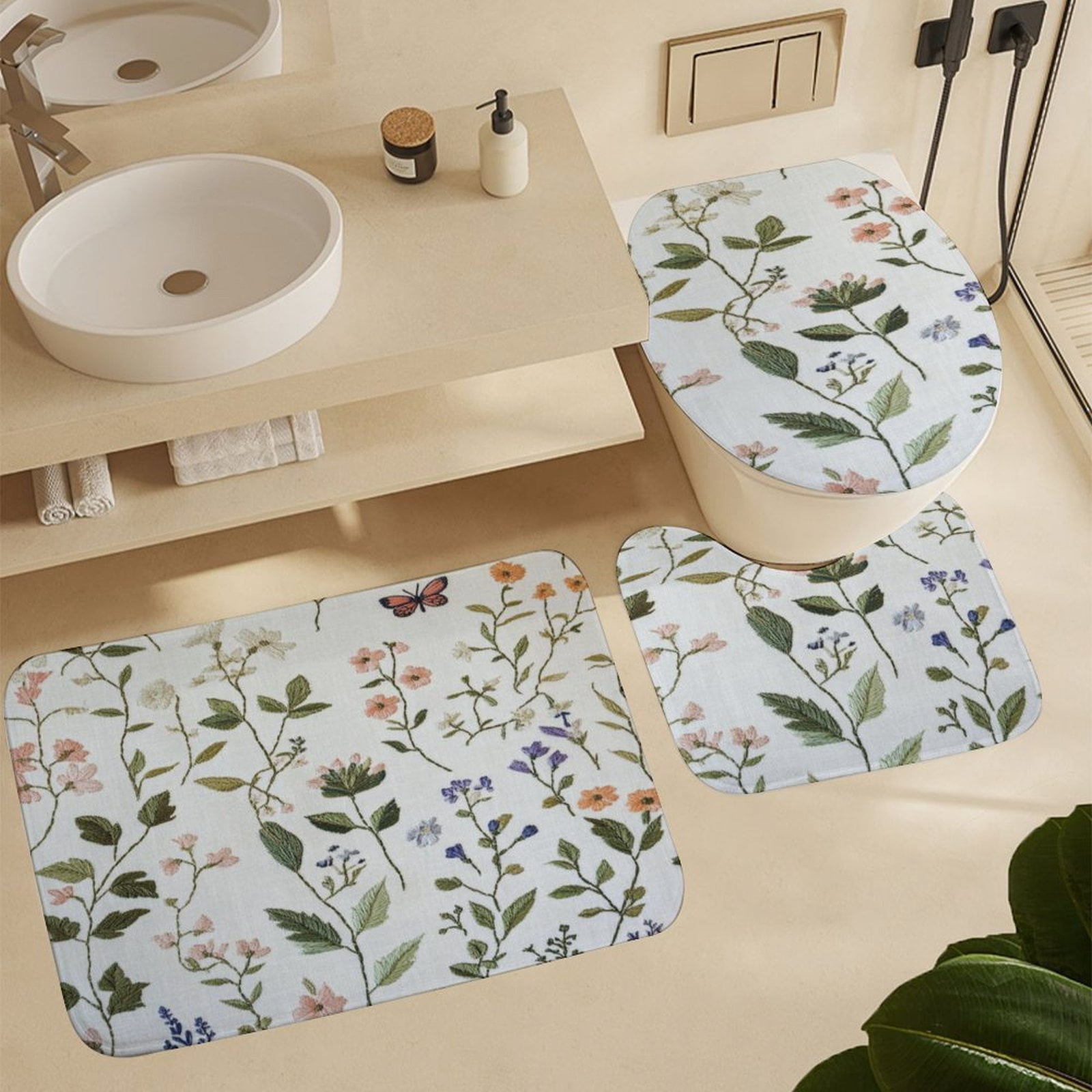 Sage Green Wild Flower Plant Shower Curtain Sets 4 Piece Shower Curtain Set with Non-Slip Rugs Toilet Lid Cover And Bath Mat Seasonal Floral Butterfly Durable And Waterproof for Bathroom Decor