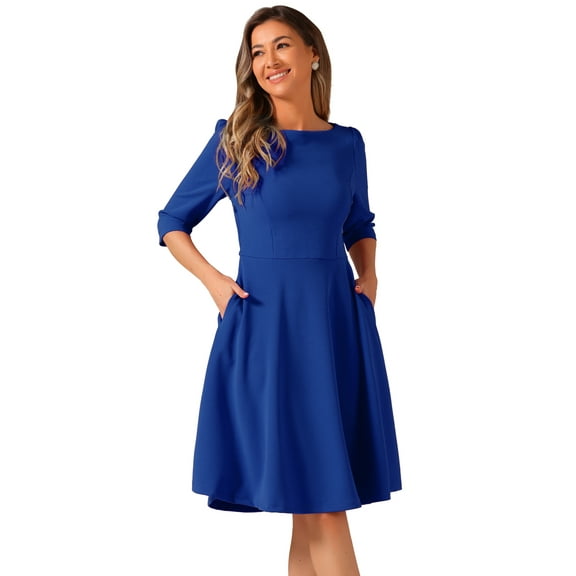 DARING DIVA Midi Boat Neck Short Sleeves A-Line Office Dress XS Royal Blue