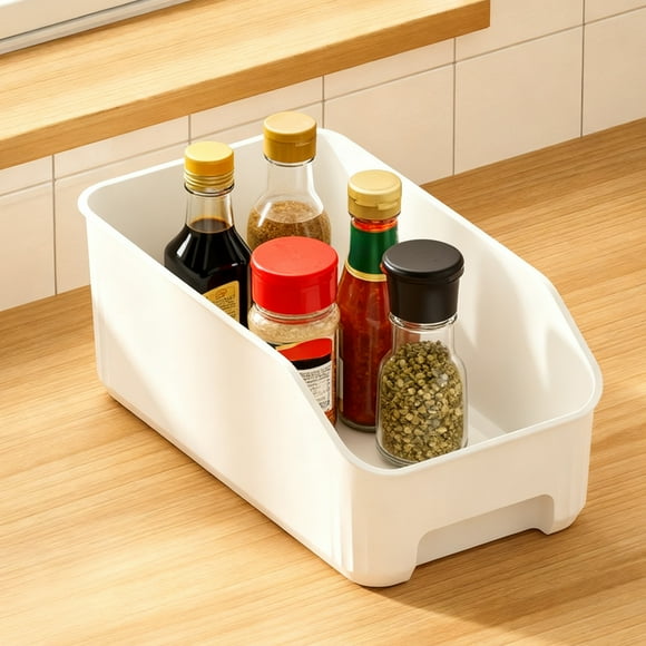 Gabinete de Almacenamiento Plástico Caja 37x17x13.5cm Cesta Organizadora Abierta para Utensilios de Cocina, Snacks, Condimentos, Ahorro de Espacio Color Beige Blanco Transparente, 1 Pieza