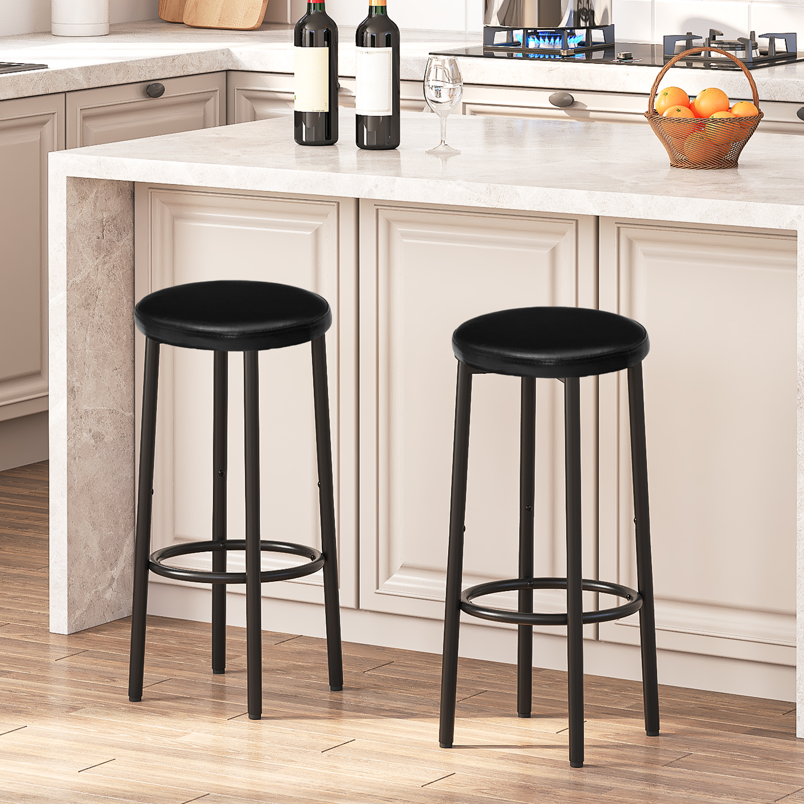 HOOBRO Round Bar Stools Set of 2, PU Upholstered Bar Stools, Bar Chairs with Footrest, Easy Assembly and Cleaning, for Kitchen, Dining Room, Cafe, Black BB30BY01
