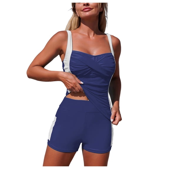 BOBOGOJP Women's Tankini Swimsuit Tummy Control Ruched Two Piece Bathing Suit Push Up Modest Swim Suits with Shorts XL for Size Navy