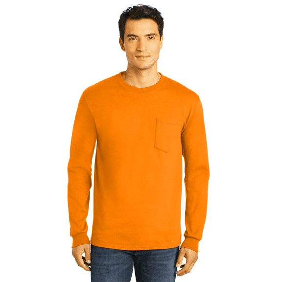 Gildan High-Visibility Long Sleeve Cotton Pocket T-Shirt for Men, Safety Work Top, Safety Orange, S