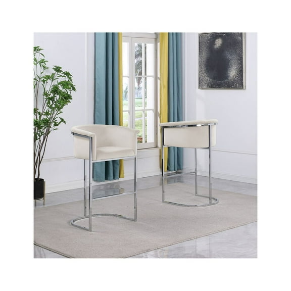 Cream Velvet Barstool Chair (Single) with Silver Metal Chrome Base