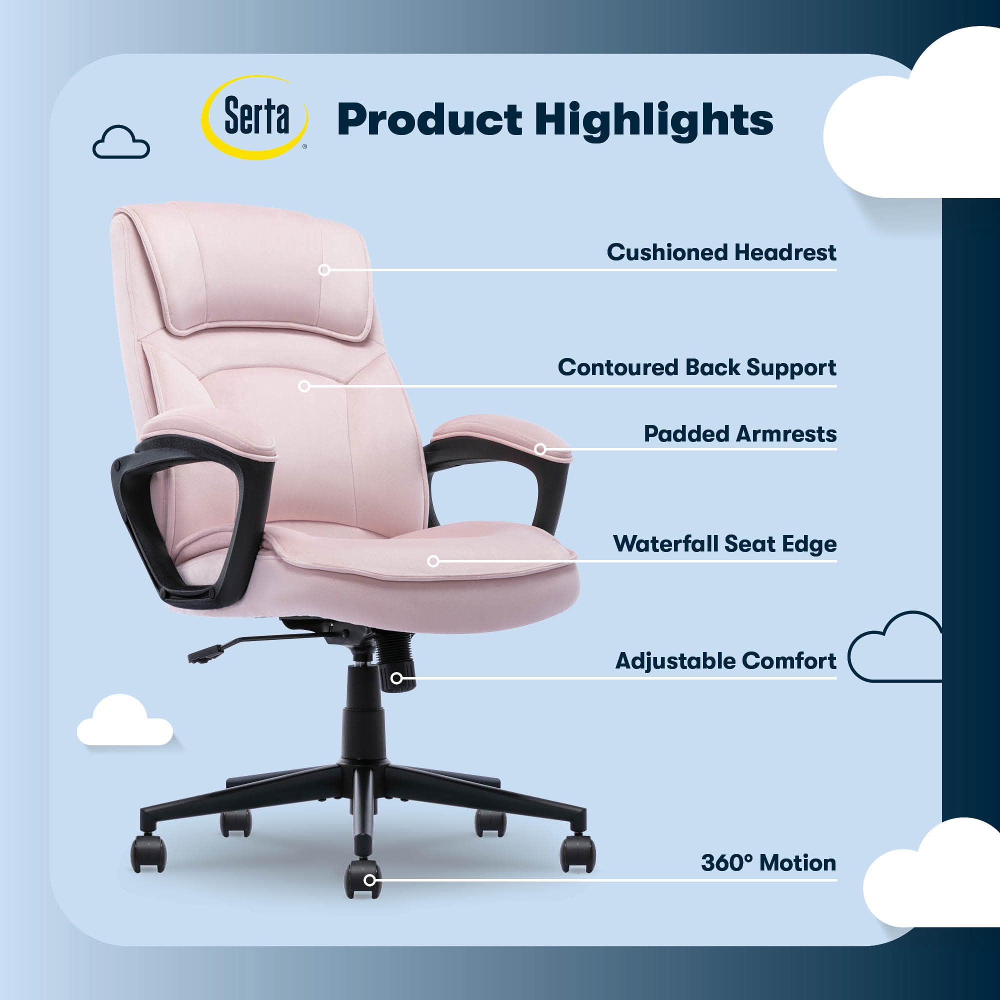 Serta Comfort Classic Executive Office Chair Padded Armrest Pink Velvet Fabric
