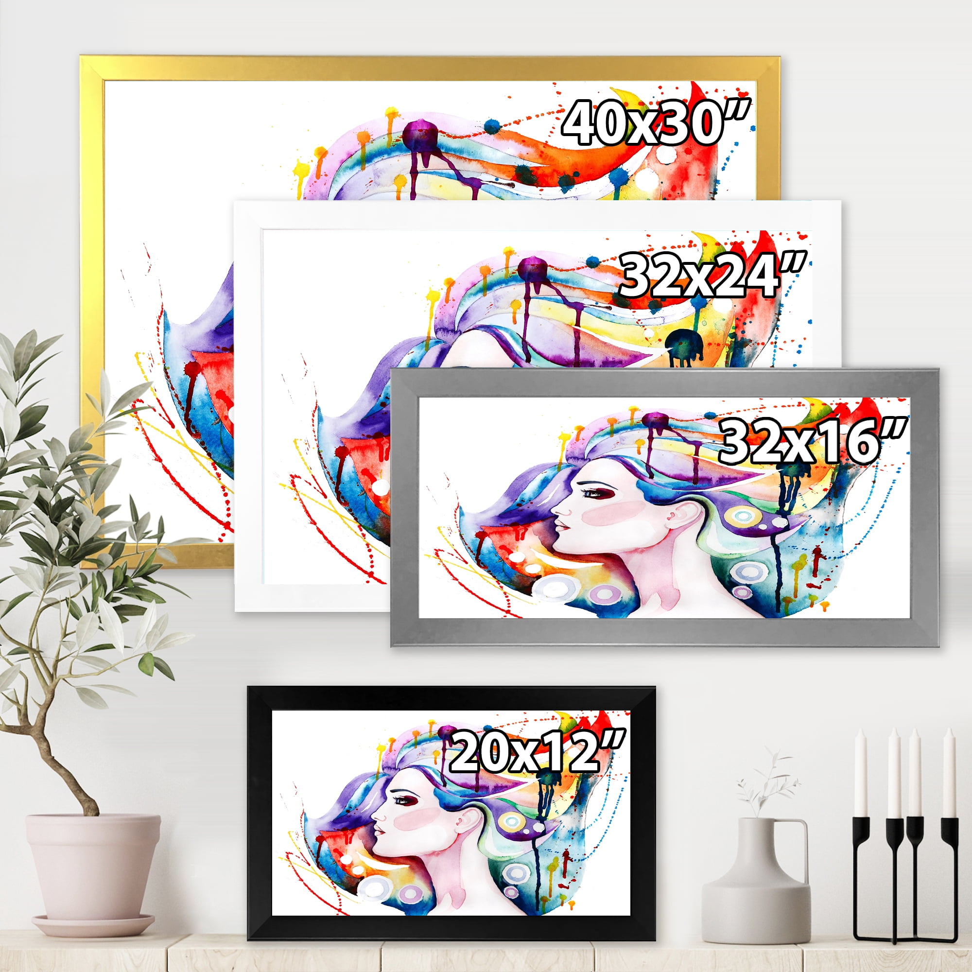 Designart 'Beautiful Young Woman With Colorful Hair' Traditional Framed Art Print