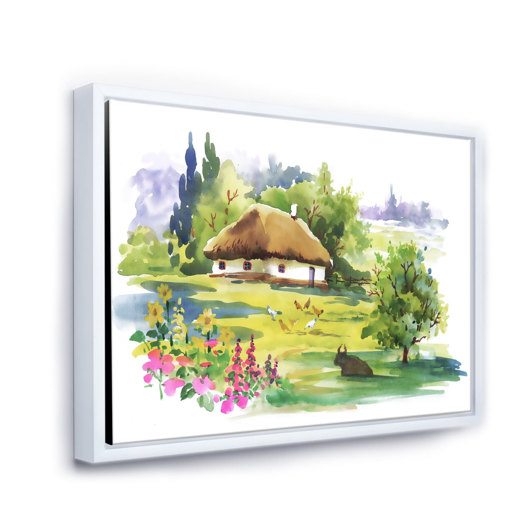 Blossoming Greenlands And A Rural House 32 in x 24 in Framed Painting Canvas Art Print, by Designart