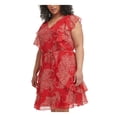 thumbnail image 3 of TOMMY HILFIGER Womens Red Zippered Tie Ruffled Sheer Lined Paisley Flutter Sleeve V Neck Knee Length Wear To Work Fit + Flare Dress Plus 14W, 3 of 5