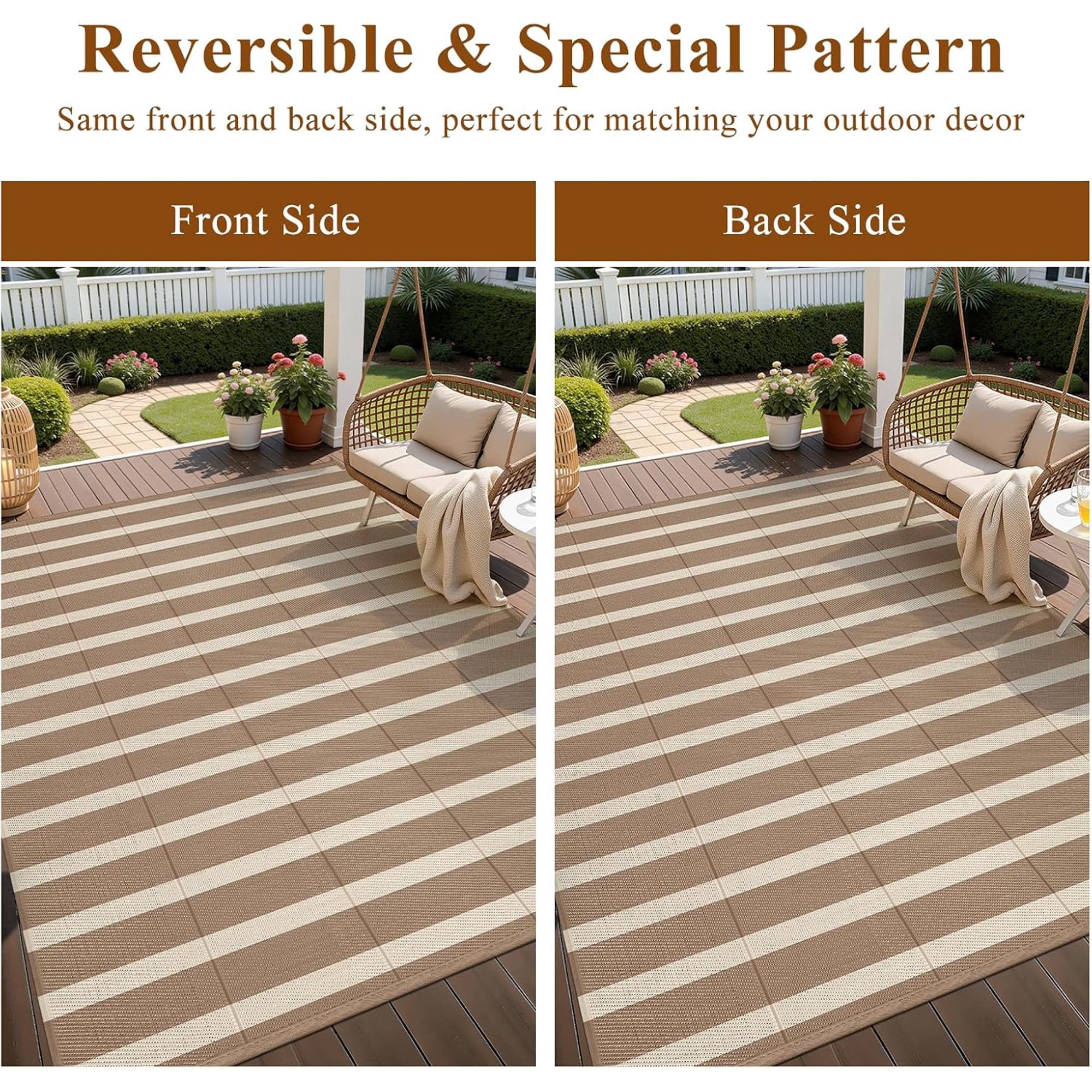Enyhom Waterproof Outdoor Rug 6'x9', Reversible Striped Patio Rug, Plastic Straw Outdoor RV Carpet for Outsides, Patio, Camping, Balcony, RV and Deck, Brown/Beige