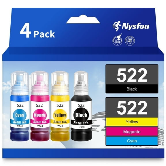 Compatible Ink Bottle replacement for Epson 522 T522 Refill Ink for Epson EcoTank ET-2720 ET-4700 ET-2800 ET-2803 ET-4800 Printer (Black, Cyan, Magenta, Yellow, 4-Pack)